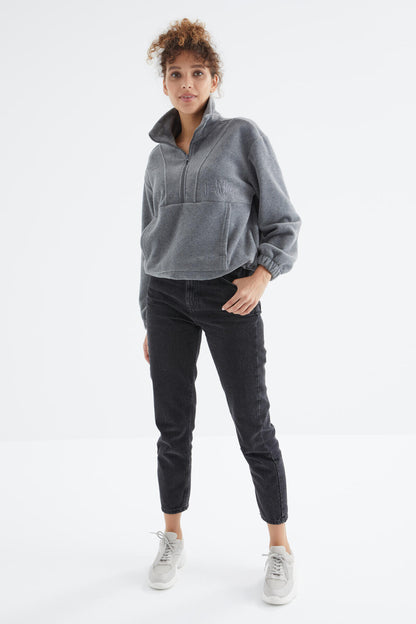 Grey Melange Half Zipper Skirt with Gathered Hem Women's Fleece Oversize Sweatshirt - 97171