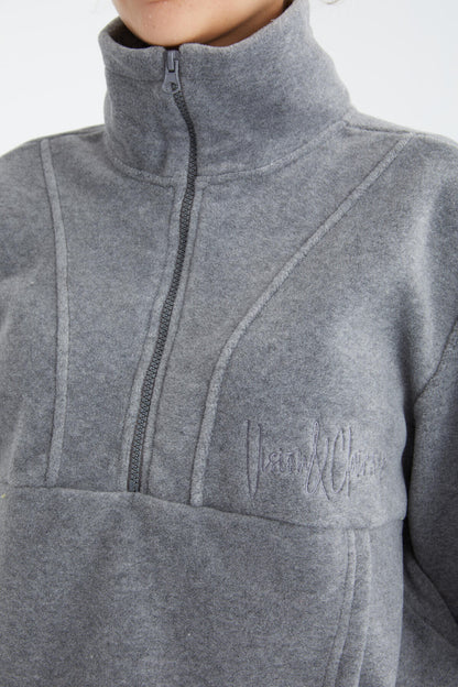 Grey Melange Half Zipper Skirt with Gathered Hem Women's Fleece Oversize Sweatshirt - 97171