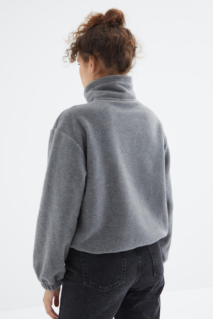 Grey Melange Half Zipper Skirt with Gathered Hem Women's Fleece Oversize Sweatshirt - 97171