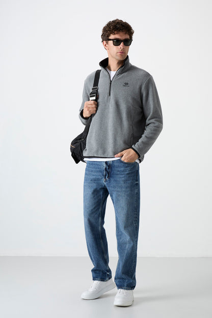 Grey Melange Half-Zip Sweatshirt Slim Fit High Collar Men's Fleece - 87891