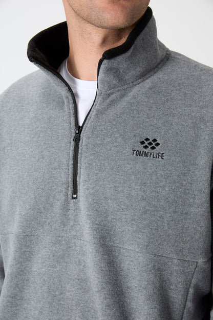 Grey Melange Half-Zip Sweatshirt Slim Fit High Collar Men's Fleece - 87891