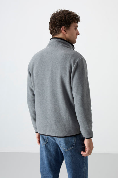 Grey Melange Half-Zip Sweatshirt Slim Fit High Collar Men's Fleece - 87891