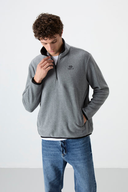 Grey Melange Half-Zip Sweatshirt Slim Fit High Collar Men's Fleece - 87891