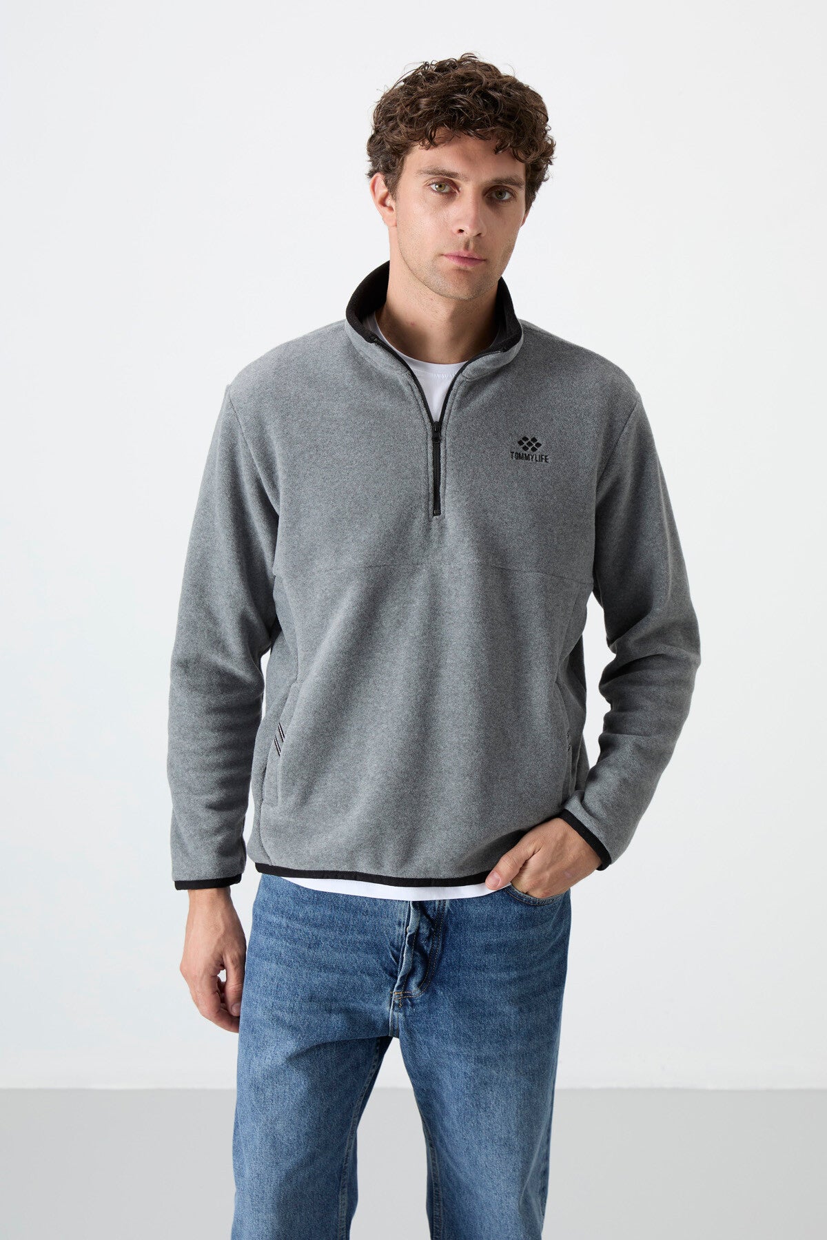 Grey Melange Half-Zip Sweatshirt Slim Fit High Collar Men's Fleece - 87891