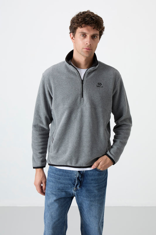 Grey Melange Half-Zip Sweatshirt Slim Fit High Collar Men's Fleece - 87891
