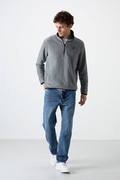 Grey Melange Half-Zip Sweatshirt Slim Fit High Collar Men's Fleece - 87891