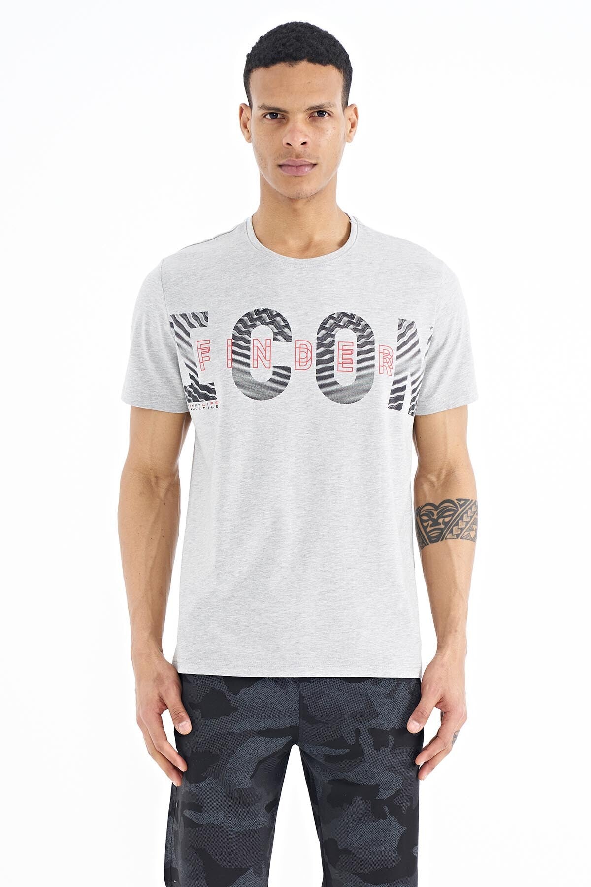 Grey Melange Print Detailed O Collar Standard Fit Men's T-Shirt - 88187