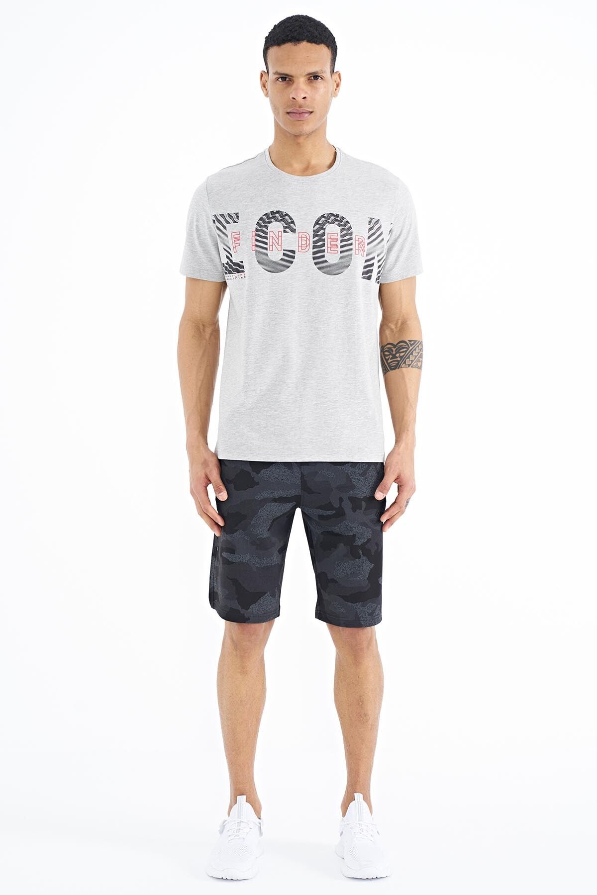 Grey Melange Print Detailed O Collar Standard Fit Men's T-Shirt - 88187