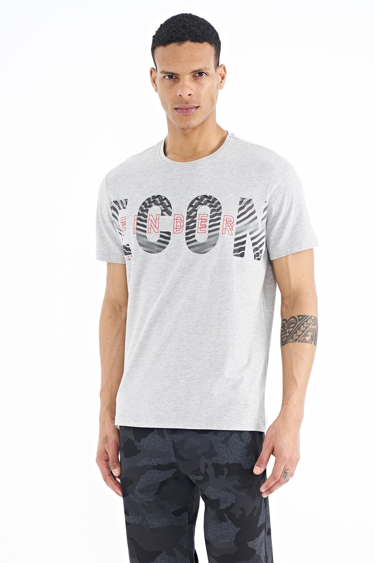 Grey Melange Print Detailed O Collar Standard Fit Men's T-Shirt - 88187