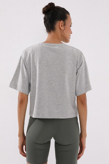 Grey Melange Print Short O Collar Women's Oversize T-Shirt - 97135