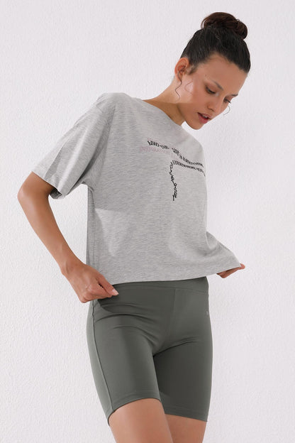 Grey Melange Print Short O Collar Women's Oversize T-Shirt - 97135