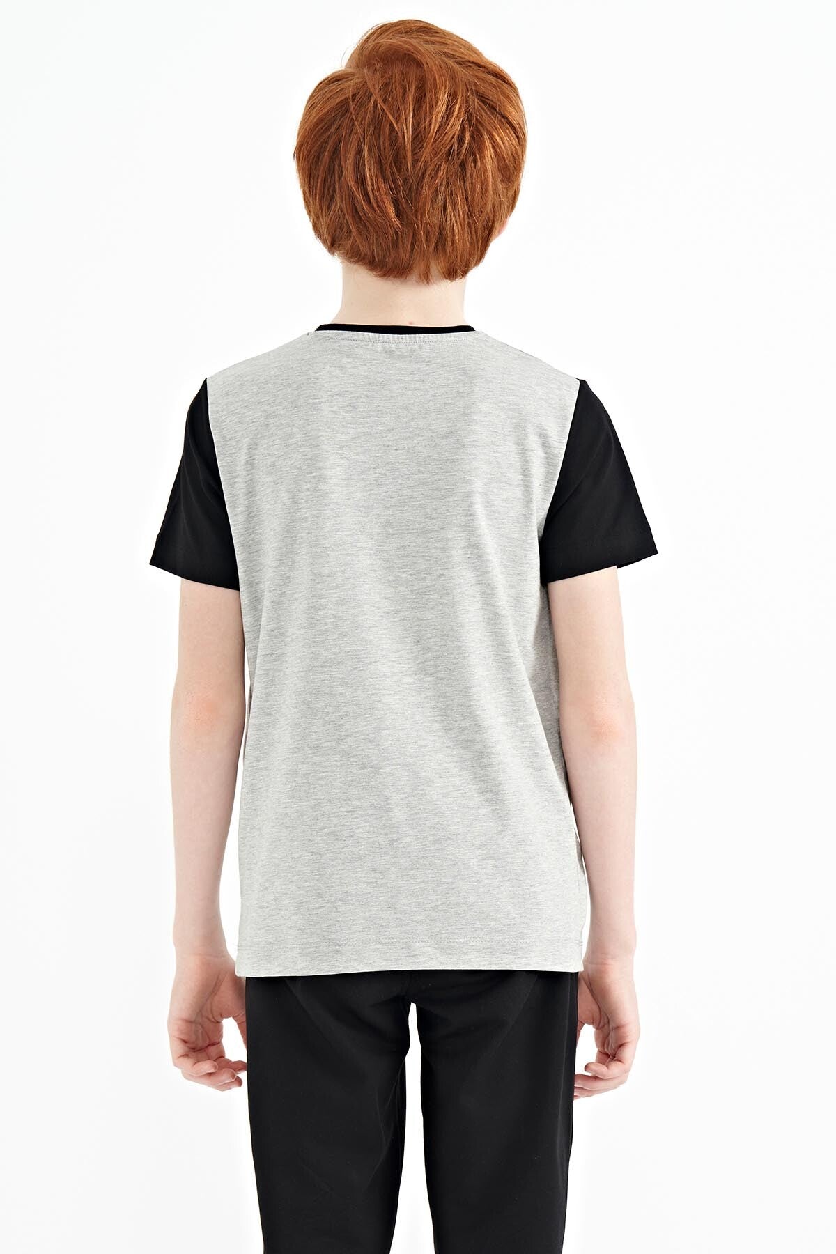 Grey Melange Print Color Block Standard Fit O Collar Boys T-Shirt - 11134