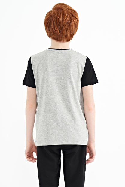 Grey Melange Print Color Block Standard Fit O Collar Boys T-Shirt - 11134