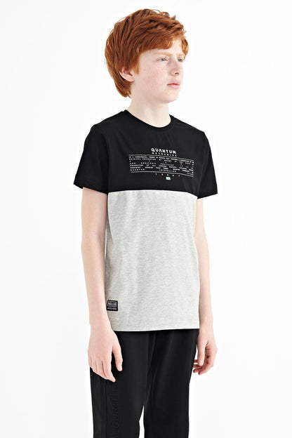 Grey Melange Print Color Block Standard Fit O Collar Boys T-Shirt - 11134