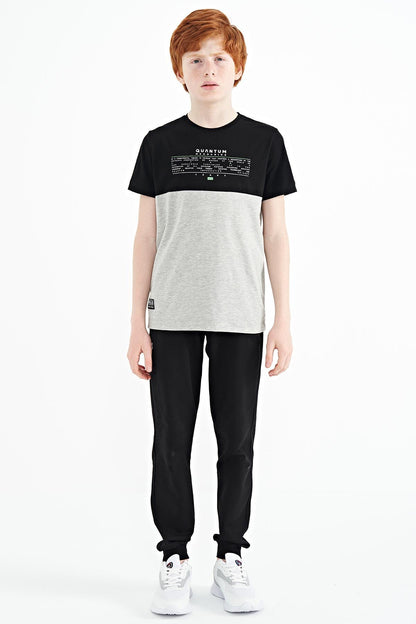 Grey Melange Print Color Block Standard Fit O Collar Boys T-Shirt - 11134