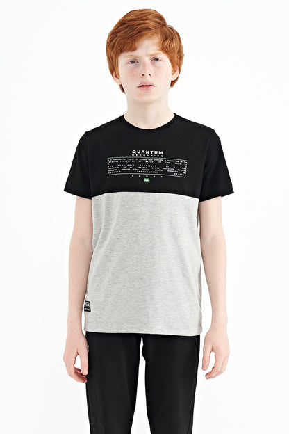 Grey Melange Print Color Block Standard Fit O Collar Boys T-Shirt - 11134