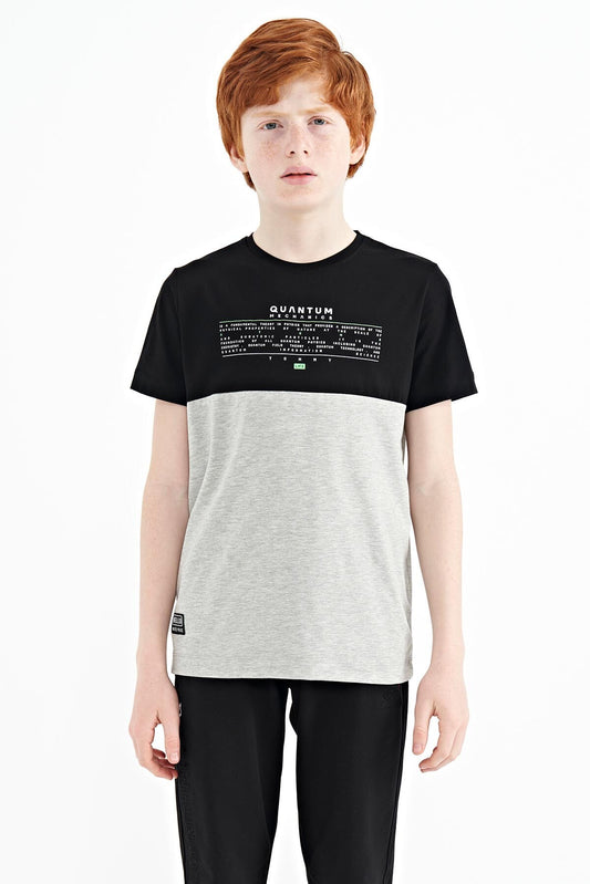 Grey Melange Print Color Block Standard Fit O Collar Boys T-Shirt - 11134