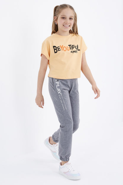 Grey Melange Print Embroidered Laced Standard Fit Elastic Hem Girls' Tracksuit Bottom - 75051