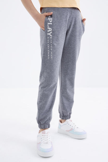 Grey Melange Print Embroidered Laced Standard Fit Elastic Hem Girls' Tracksuit Bottom - 75051