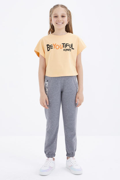 Grey Melange Print Embroidered Laced Standard Fit Elastic Hem Girls' Tracksuit Bottom - 75051