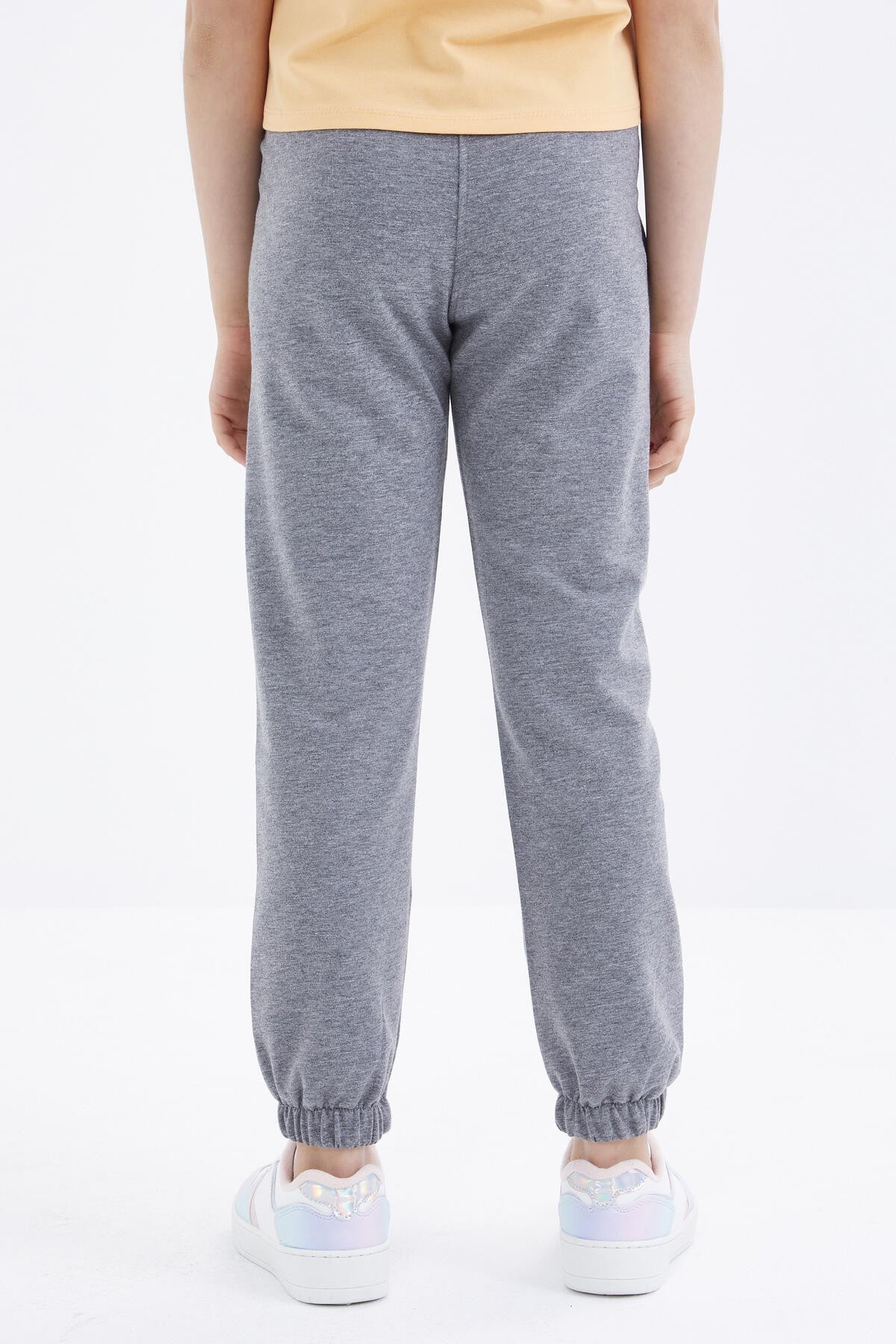 Grey Melange Print Embroidered Laced Standard Fit Elastic Hem Girls' Tracksuit Bottom - 75051