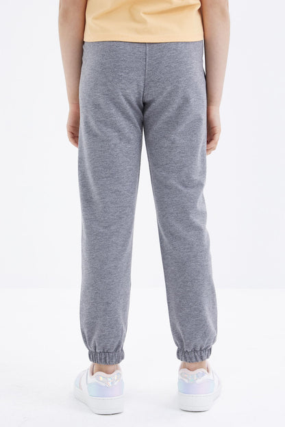 Grey Melange Print Embroidered Laced Standard Fit Elastic Hem Girls' Tracksuit Bottom - 75051