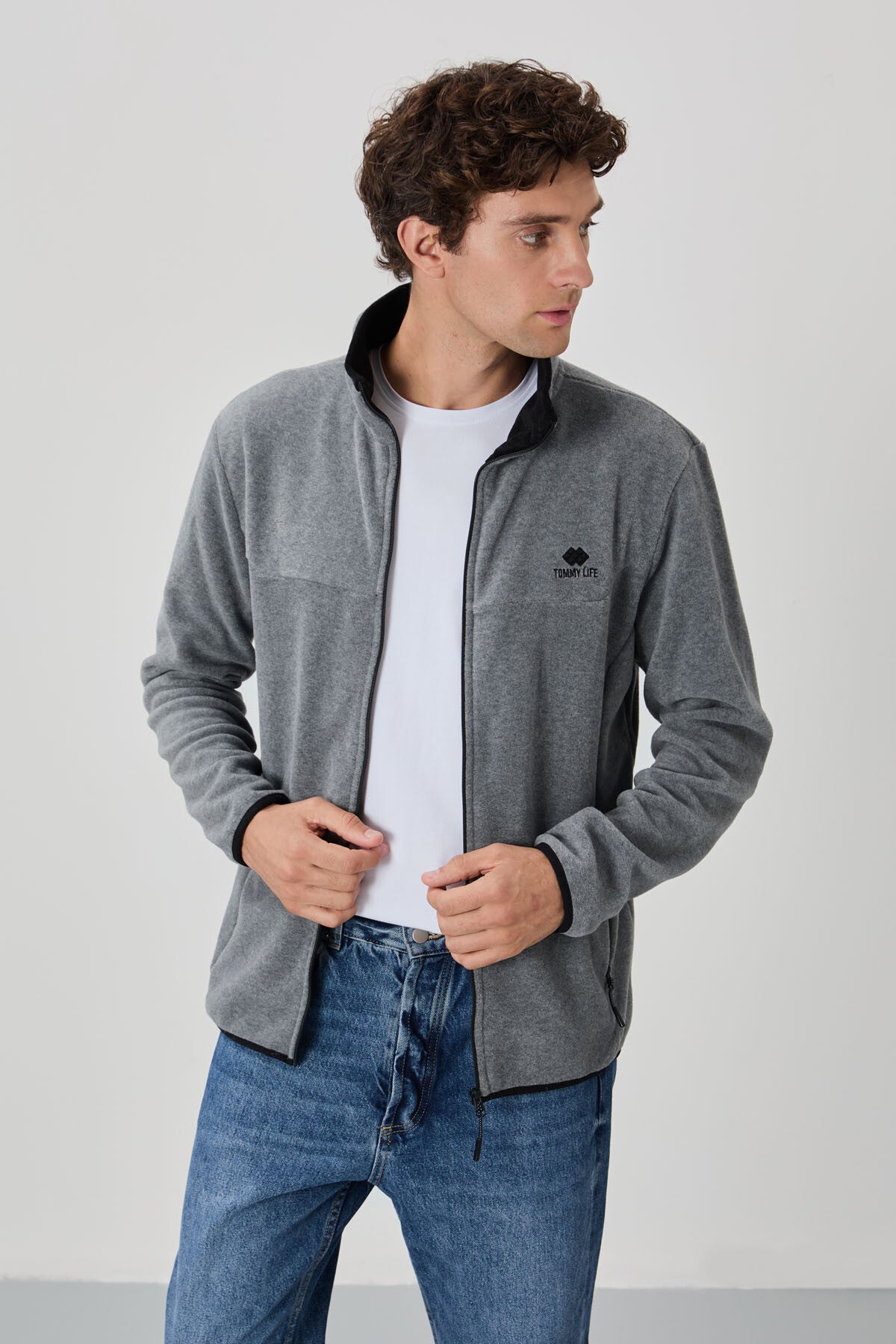 Grey Melange Print Embroidered High Collar Zippered Standard Fit Men's Sweatshirt Fleece - 87992
