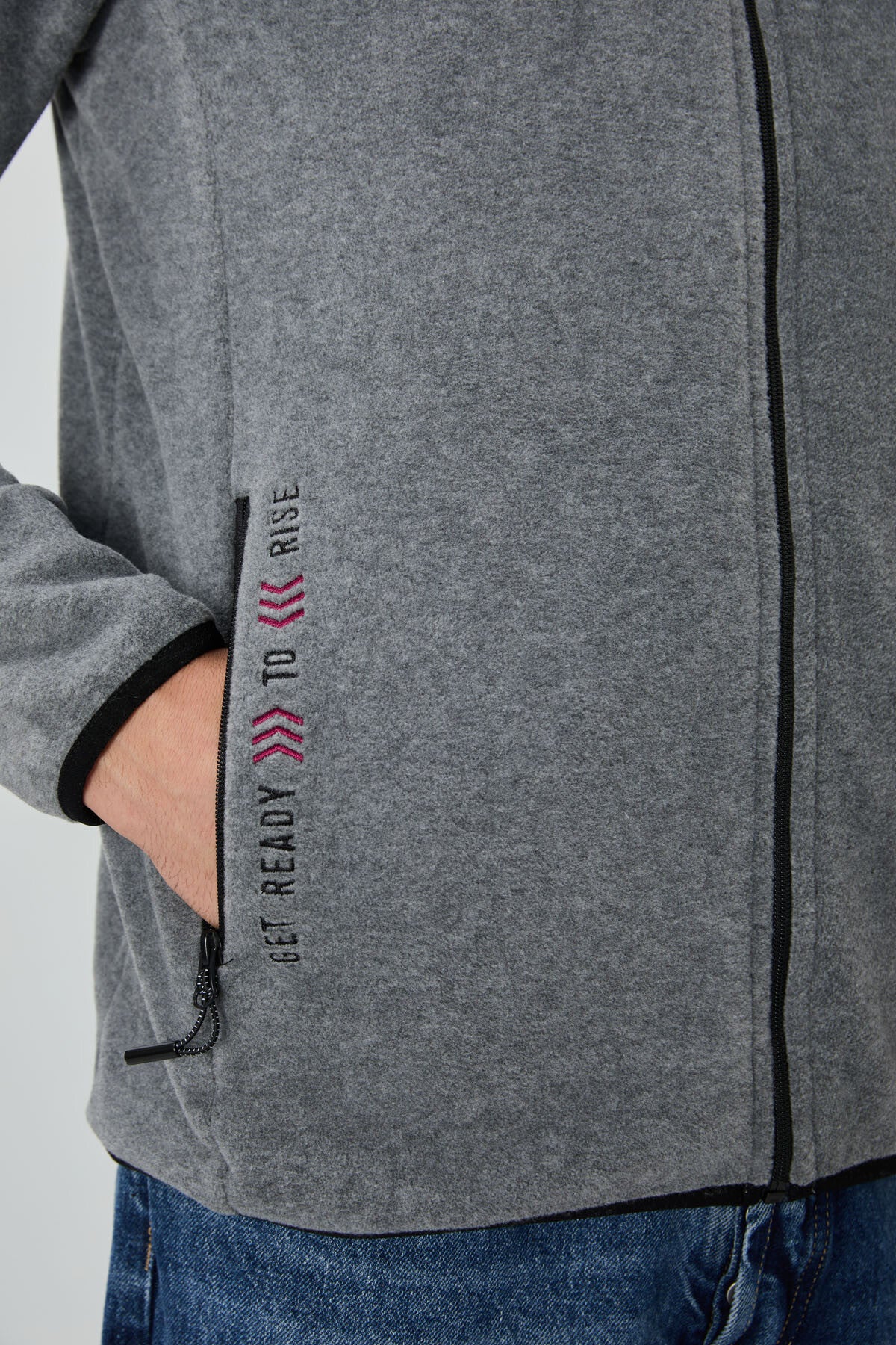 Grey Melange Print Embroidered High Collar Zippered Standard Fit Men's Sweatshirt Fleece - 87992