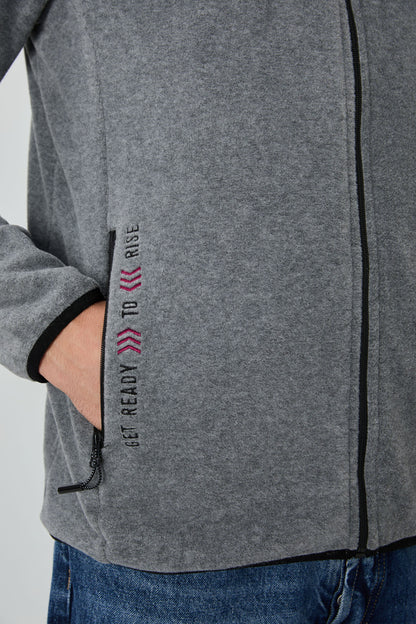 Grey Melange Print Embroidered High Collar Zippered Standard Fit Men's Sweatshirt Fleece - 87992