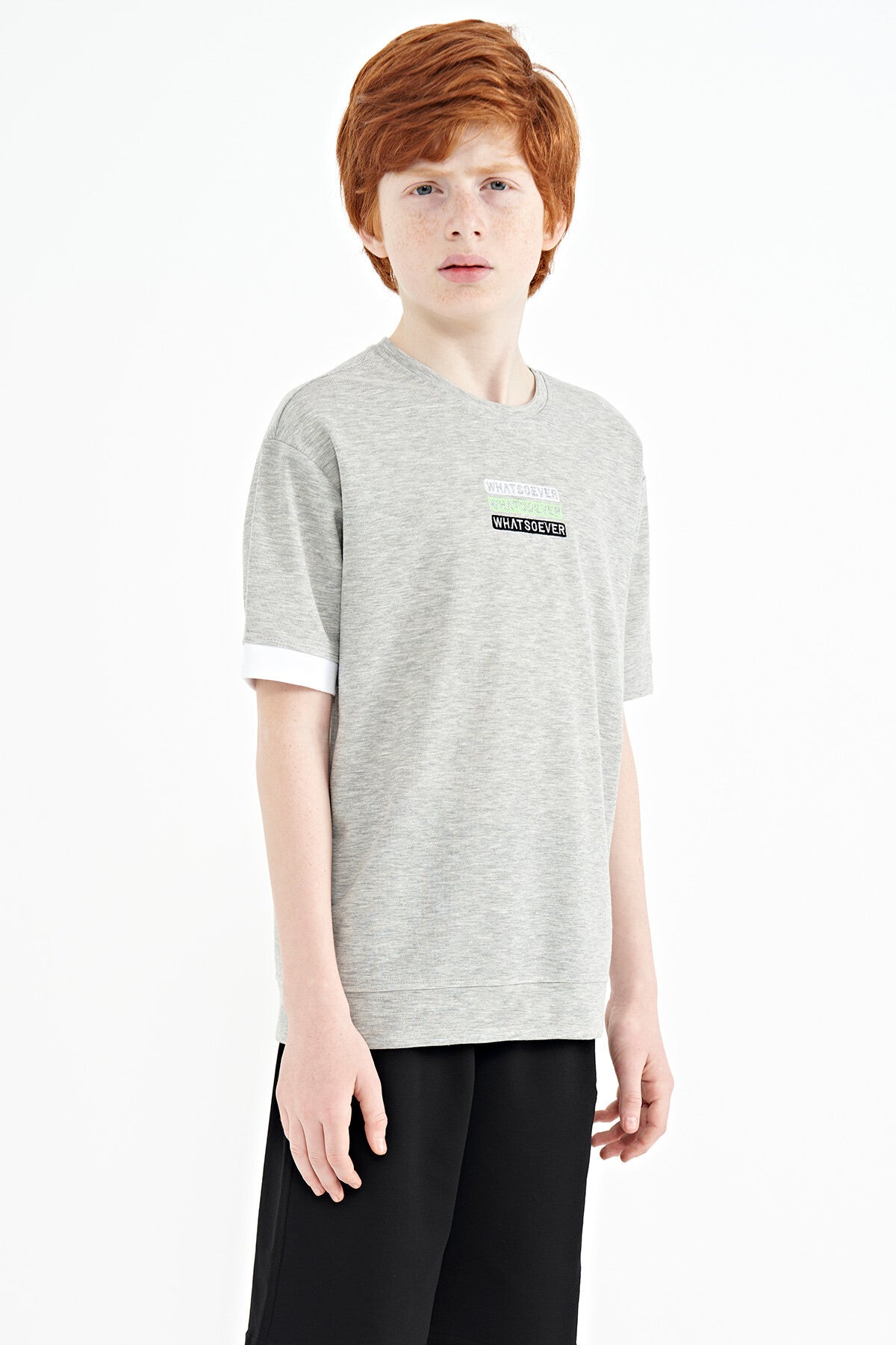 Grey Melange Print O Collar Oversize Boys T-Shirt - 11146