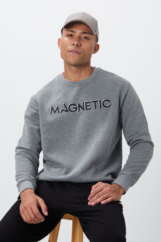 Grey Melange Print Embroidered O Collar Comfort Fit Polar Lined Men's Sweatshirt - 88020