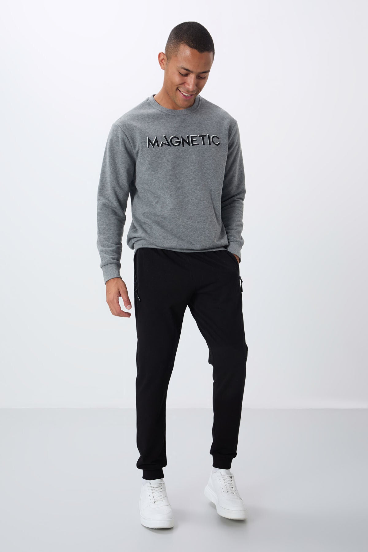 Grey Melange Print Embroidered O Collar Comfort Fit Polar Lined Men's Sweatshirt - 88020
