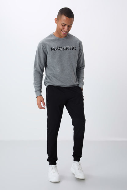 Grey Melange Print Embroidered O Collar Comfort Fit Polar Lined Men's Sweatshirt - 88020