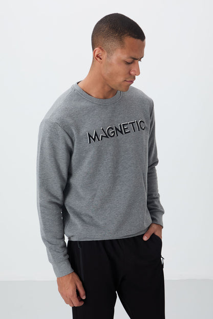 Grey Melange Print Embroidered O Collar Comfort Fit Polar Lined Men's Sweatshirt - 88020