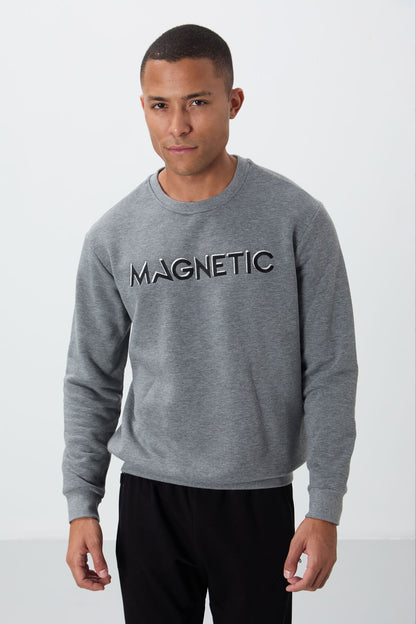Grey Melange Print Embroidered O Collar Comfort Fit Polar Lined Men's Sweatshirt - 88020