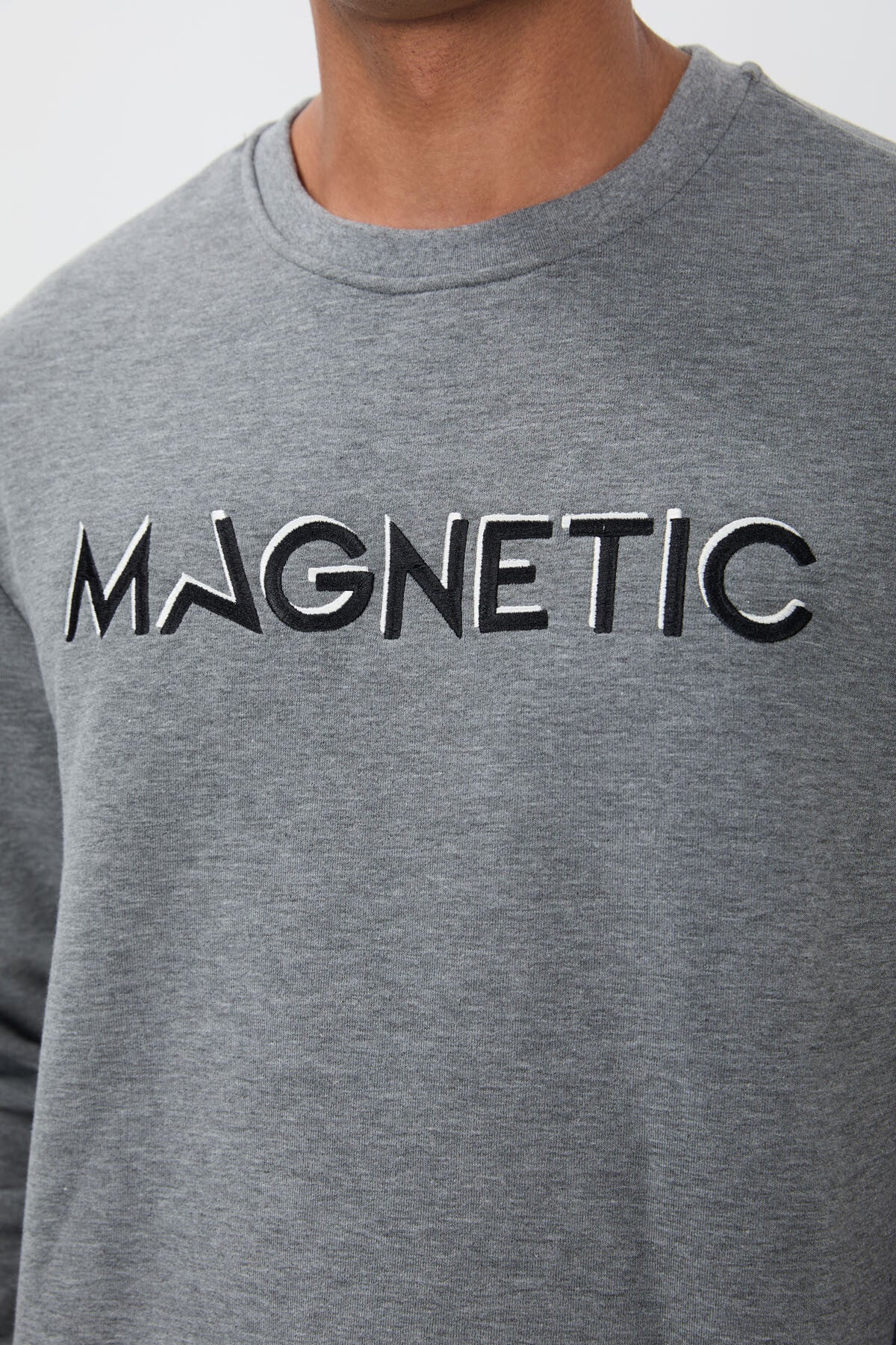 Grey Melange Print Embroidered O Collar Comfort Fit Polar Lined Men's Sweatshirt - 88020