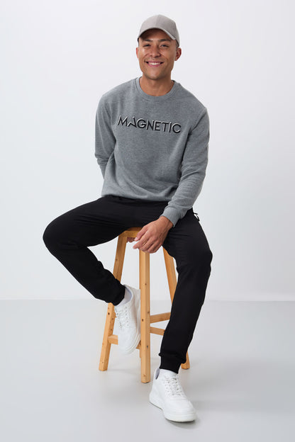 Grey Melange Print Embroidered O Collar Comfort Fit Polar Lined Men's Sweatshirt - 88020