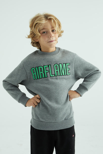 Grey Melange Print Embroidered O Collar Standard Fit Boys' Sweatshirt - 10987