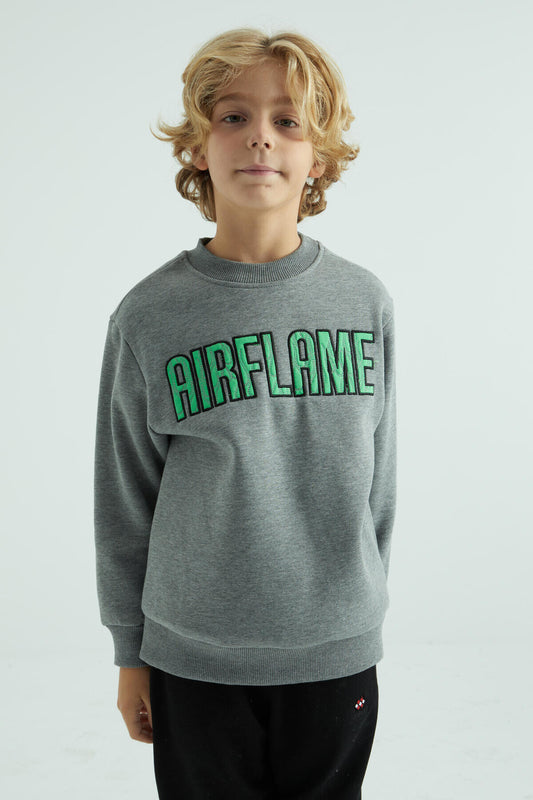 Grey Melange Print Embroidered O Collar Standard Fit Boys' Sweatshirt - 10987