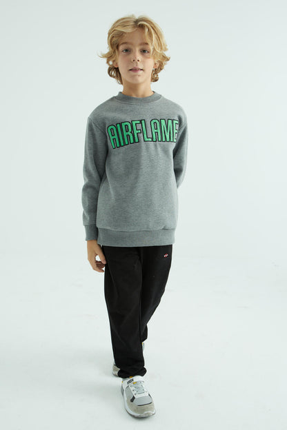Grey Melange Print Embroidered O Collar Standard Fit Boys' Sweatshirt - 10987