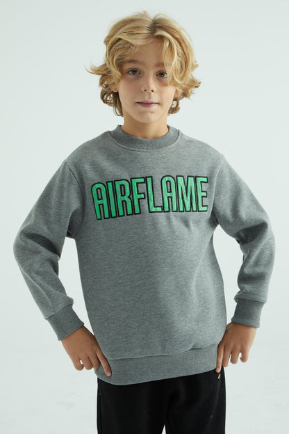 Grey Melange Print Embroidered O Collar Standard Fit Boys' Sweatshirt - 10987