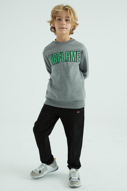 Grey Melange Print Embroidered O Collar Standard Fit Boys' Sweatshirt - 10987