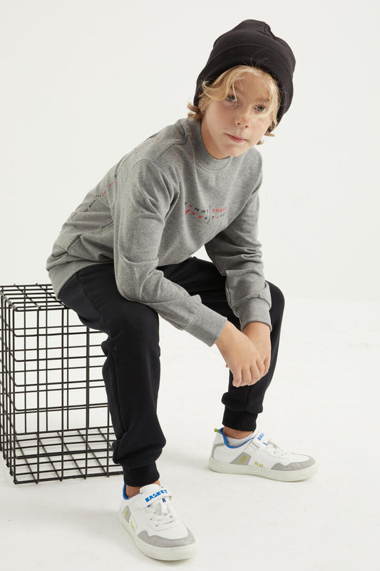 Grey Melange Back Print O Neck Standard Fit Boys' Sweatshirt - 11026