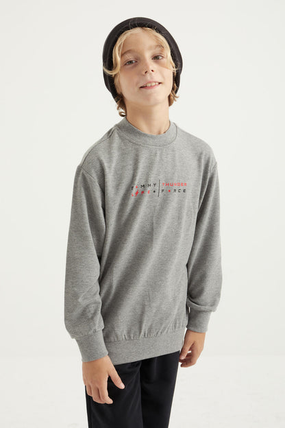 Grey Melange Back Print O Neck Standard Fit Boys' Sweatshirt - 11026