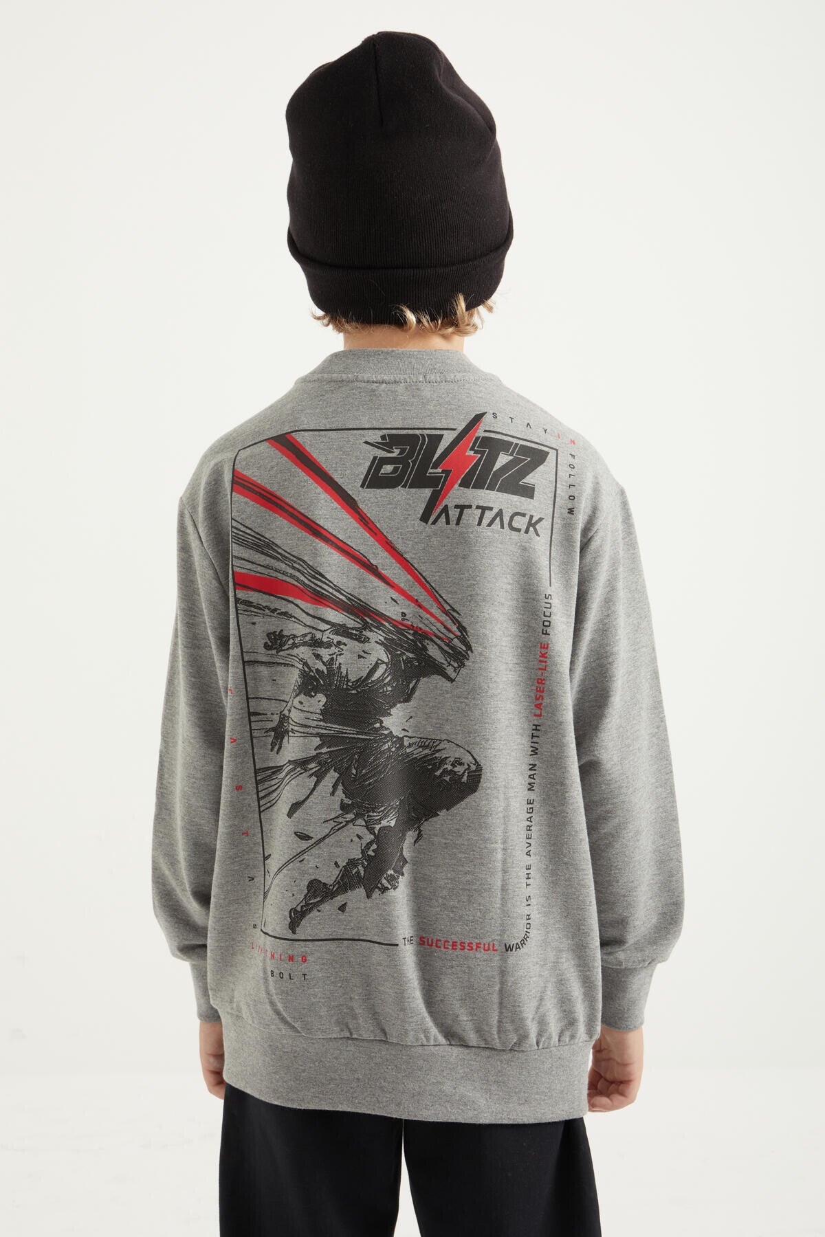 Grey Melange Back Print O Neck Standard Fit Boys' Sweatshirt - 11026