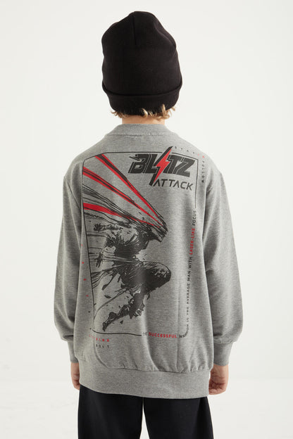 Grey Melange Back Print O Neck Standard Fit Boys' Sweatshirt - 11026