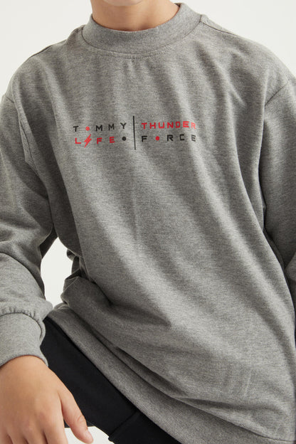 Grey Melange Back Print O Neck Standard Fit Boys' Sweatshirt - 11026