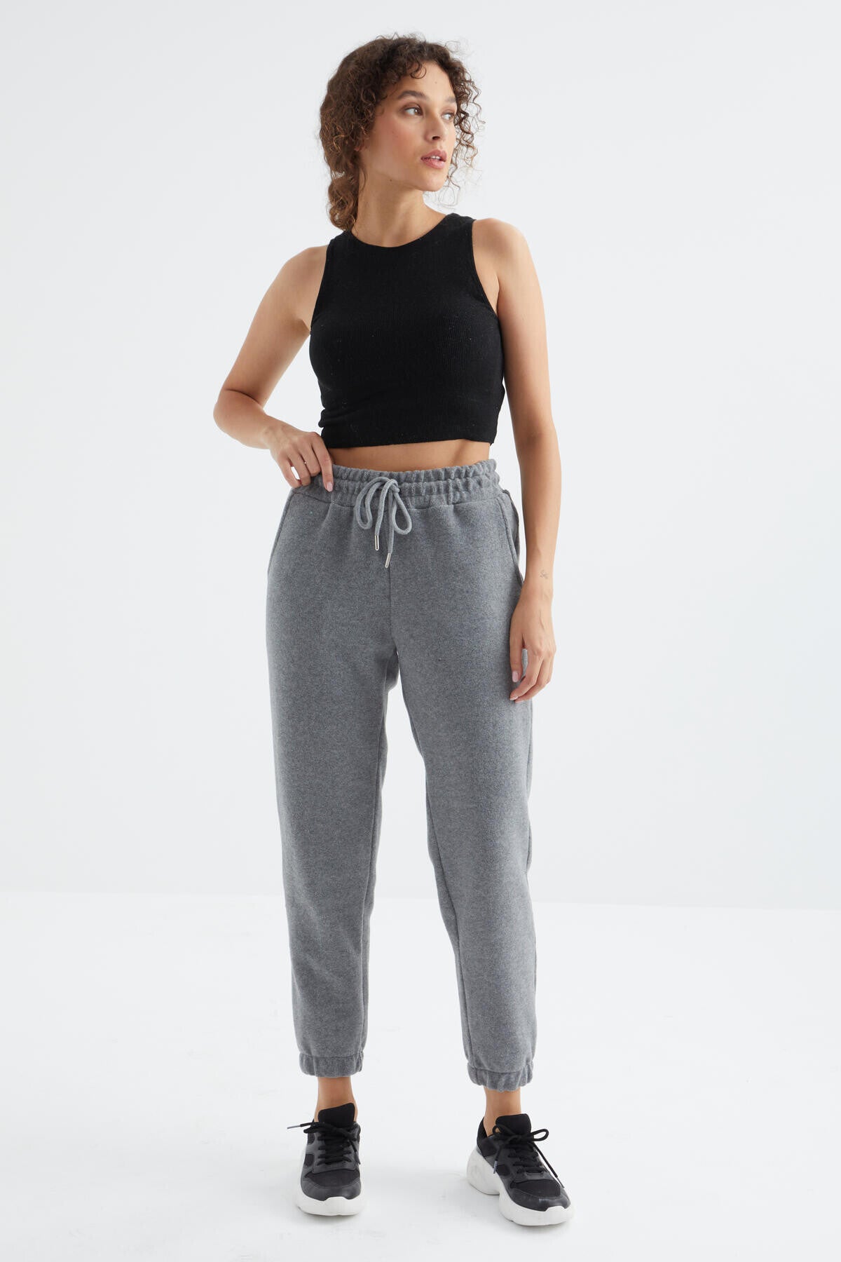 Grey Melange High Waist Basic Laced Jogger Polar Women's Tracksuit Bottom - 94622