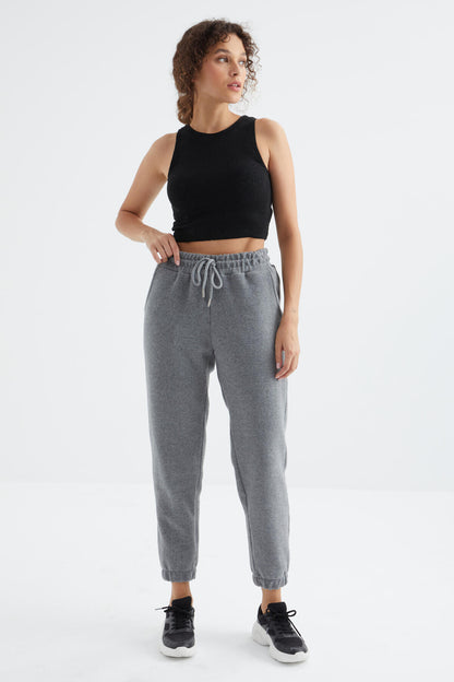 Grey Melange High Waist Basic Laced Jogger Polar Women's Tracksuit Bottom - 94622