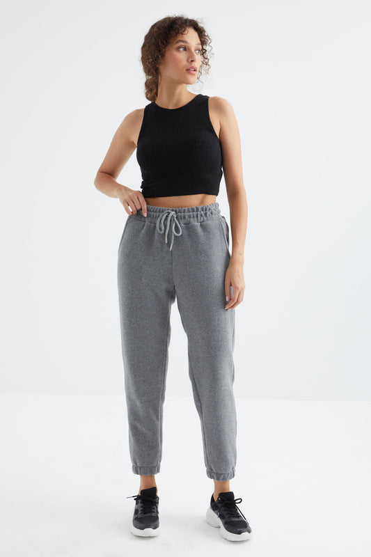 Grey Melange High Waist Basic Laced Jogger Polar Women's Tracksuit Bottom - 94622
